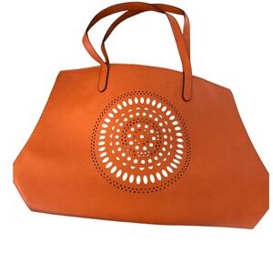 Neiman Marcus Orange Laser Cut Medallion Tote Bag Faux Leather 13"Tx20"W